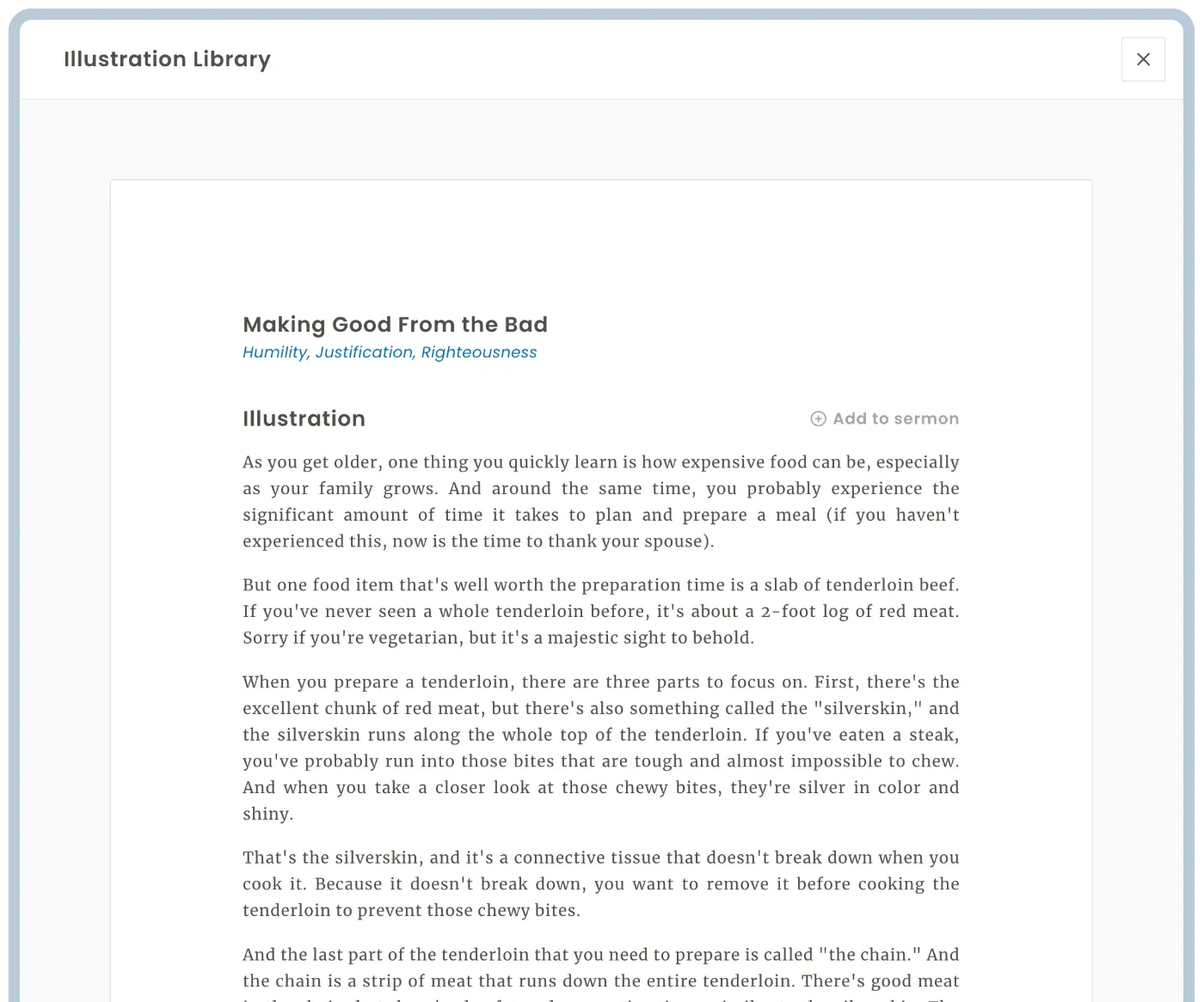 A preview of a sermon resource illustration being viewed in SermonKit's Illustration Library