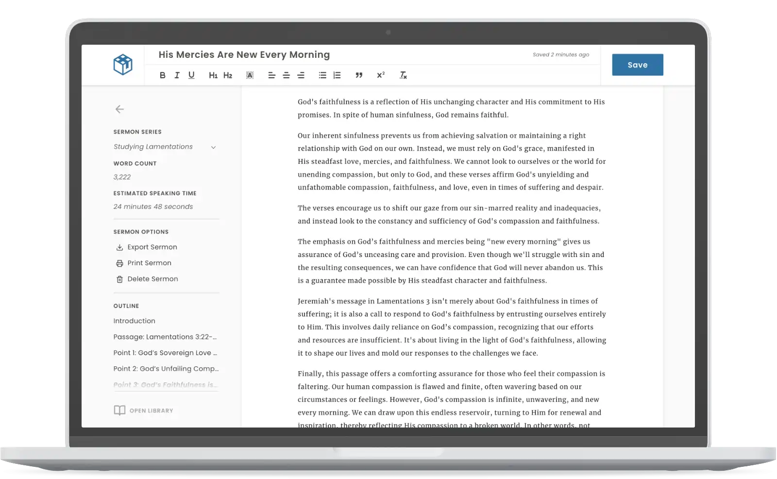 A laptop showing a sermon being written in SermonKit